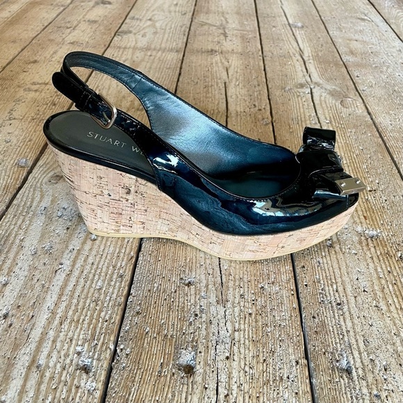 Stuart Weitzman Bodajean Black Patent Cork Wedge Sandals Size 7.5 - Picture 7 of 12
